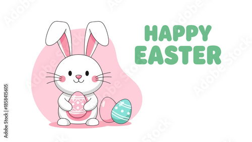 A cute cartoon bunny holding an Easter egg with the words Happy Easter in green text.