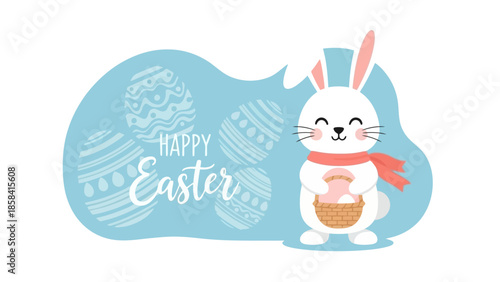 A cheerful Easter image featuring a white bunny holding a basket of eggs, with a blue background.