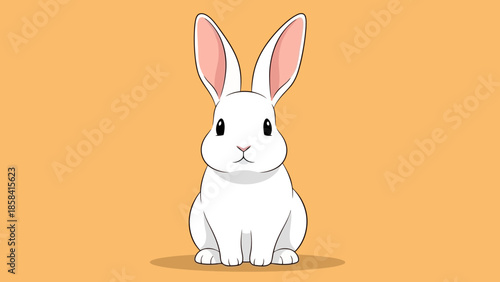 Cartoon illustration of a white rabbit with pink ears sitting upright on a light orange background.