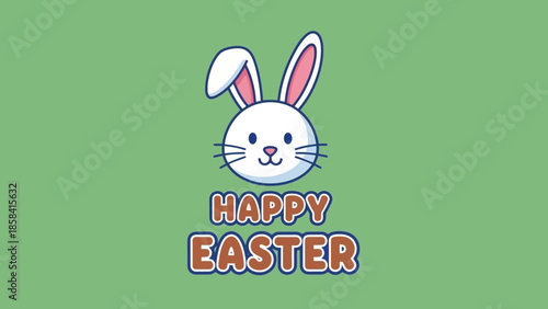 A cute cartoon illustration of a white bunny with the words Happy Easter on a green background.