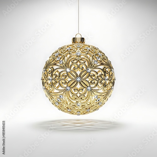 A shiny golden Christmas ball ornament with red glitter hangs as a festive winter holiday decoration, creating a closeup bauble sphere isolated for a New Year celebration