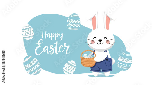 Happy Easter illustration with bunny, eggs, and a basket on a blue background.