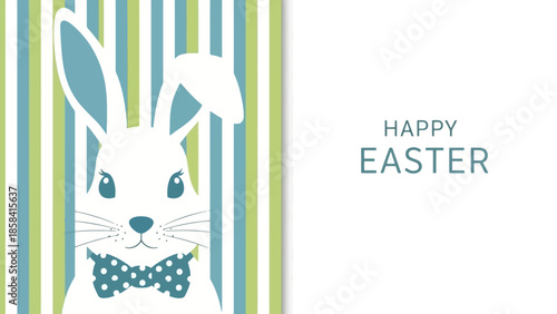 A cute white bunny wearing a bow tie against a striped background with the text Happy Easter.