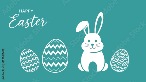 Happy Easter greeting with a cute white bunny and decorated eggs on a teal background.