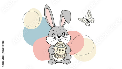 A cute cartoon Easter bunny holding a decorated egg, with a butterfly flying nearby and abstract pastel circles in the background.