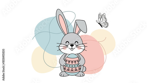 A cute cartoon bunny holding an Easter egg basket with a butterfly flying nearby, set against a pastel abstract background.