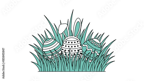 Three intricately decorated Easter eggs nestled amongst vibrant green blades of grass, with one egg featuring bunny ears.