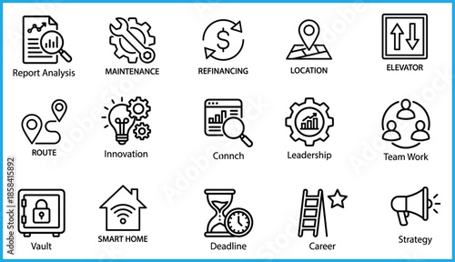 Business and organization icon set featuring report analysis, maintenance, refinancing, location, elevator, route, innovation, connection, leadership, teamwork, vault, smart home, deadline