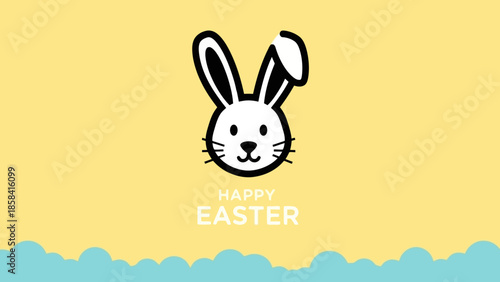 Cute cartoon bunny with 'Happy Easter' text, vector illustration on a soft yellow background with a cloud border