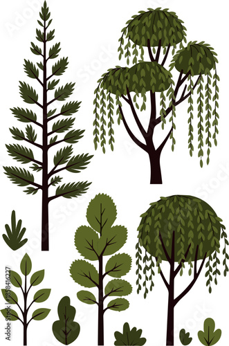 Create a kinds of deferent Group of trees in foreground vector art with white background.