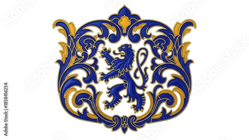 Isolated heraldic emblem features lion and floral ornament in blue and gold colors on object