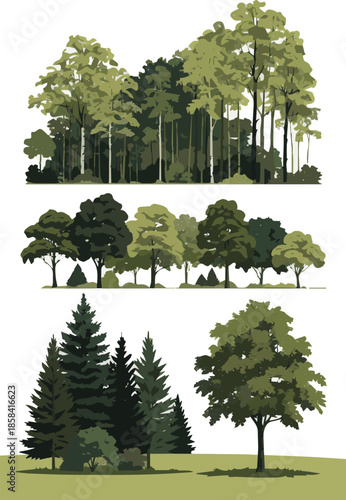 Create a kinds of deferent Group of trees in foreground vector art with white background.