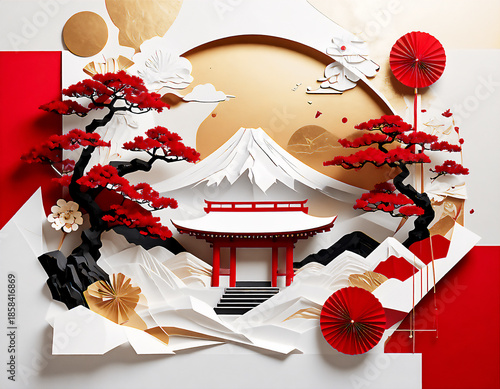 富士山と神社の切り絵アート。金箔と赤が映える、豪華で洗練された新年の背景。