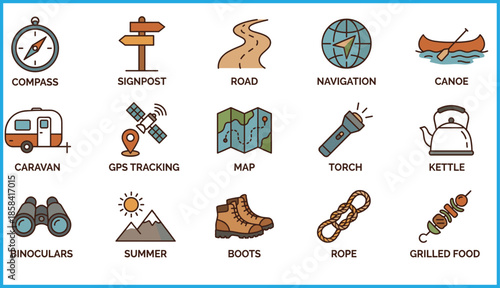 Set of 16 black line icons for camping, hiking, and outdoor adventure essentials, ideal for vector illustration content