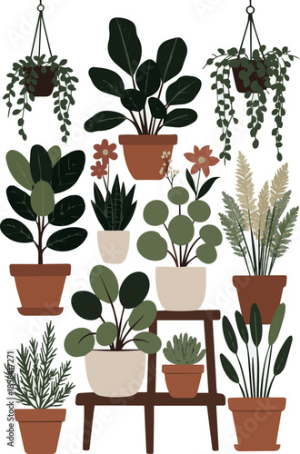 Create a kinds of deferent realistic Composition of flowers and plants arranged in pots and on plant stands, cut out vector art with white background.