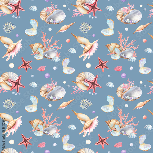 Photos Blue background with seamless pattern of seashells, starfish, murex, pearls, coral, nautilus, spiral shells