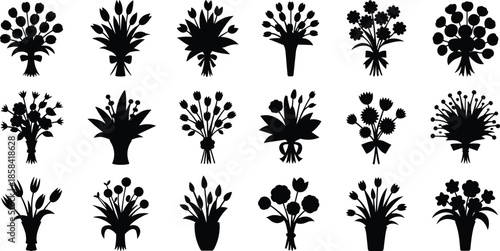 Black Silhouette Flower Arrangement Icons Featuring Bouquets, Vases, Floral Shapes, Botanical Design Elements, and Decorative Composition Styles