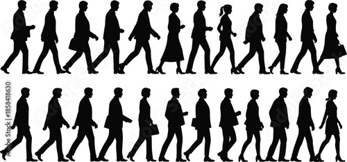 Black silhouettes of diverse individuals walking with bags and briefcases, ideal for signage, infographics, and design illustration.