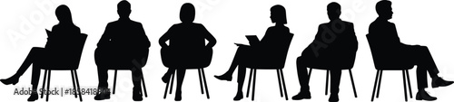 Seven black silhouettes of seated business professionals in varied postures, ideal for interview, meeting, and workplace design themes.