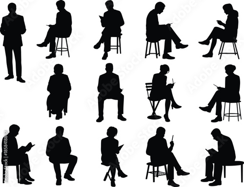 Silhouettes of people reading and writing in seated and standing poses, perfect for education, creativity, and lifestyle design themes.