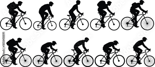 Ten black silhouettes of cyclists in varied riding postures and gear, ideal for sports design, commuting, and illustration reference.