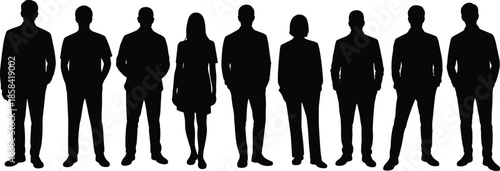Ten black silhouettes of standing individuals in neutral poses, ideal for diversity, anonymity, professional design, and lineup concepts.