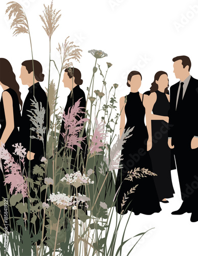 Create a kinds of deferent realistic Group of two women and a man dressed in black formal clothing attending an elegant party vector art with white background.