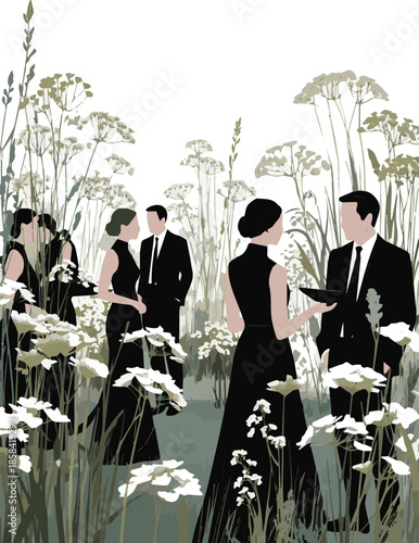Create a kinds of deferent realistic Group of two women and a man dressed in black formal clothing attending an elegant party vector art with white background.