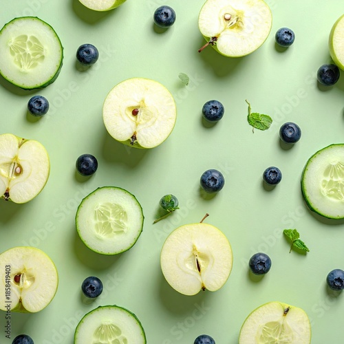 Fresh fruit and veggie slices on a light mint green background, featuring apple halves, cucumber slices, and blueberries