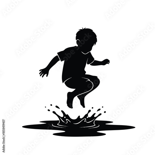 A cartoon silhouette of a cute young boy jumping into a puddle with water splashing around him on a white background.