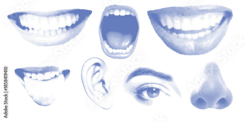 Blue Mouth, Eyes and lips with monochrome halftone stipple effect, for grunge punk y2k collage design. Elements in brutalist retro photocopy design. Vector illustration for vintage banner