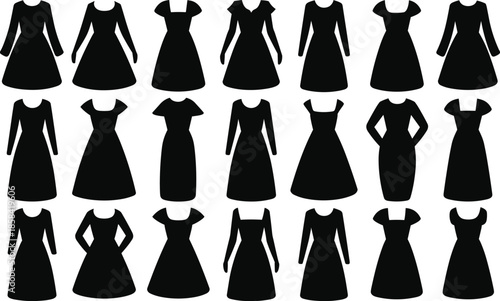 Twenty black dress silhouettes in grid layout showcasing varied cuts and styles, ideal for fashion design and garment reference.