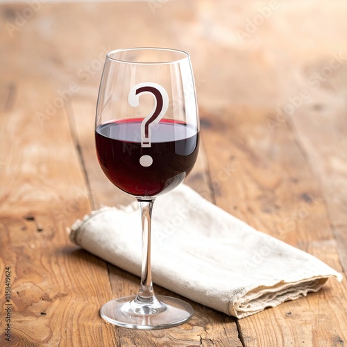 Wine glass with a question mark decal. Red wine fills the glass