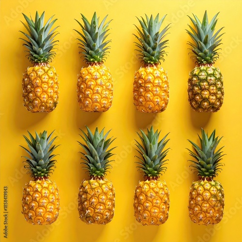 Nine pineapples arranged in a grid pattern against a vibrant yellow background