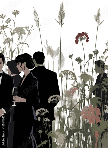 Create a kinds of deferent realistic Group of two women and a man dressed in black formal clothing attending an elegant party vector art with white background.