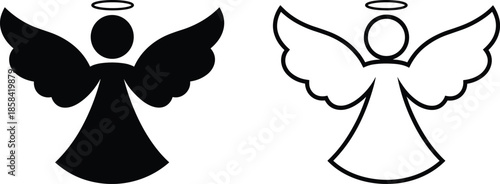 Two stylized angel icons in solid and outline styles with halo and wings, ideal for spiritual design and symbolism.