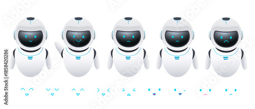 Set of 3D chatbots with various facial expressions. Robots with artificial intelligence, virtual assistants based on neural networks