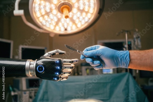 A robotic hand with lights reaches for a scalpel held by a gloved human hand in a bright, sterile surgical setting.
