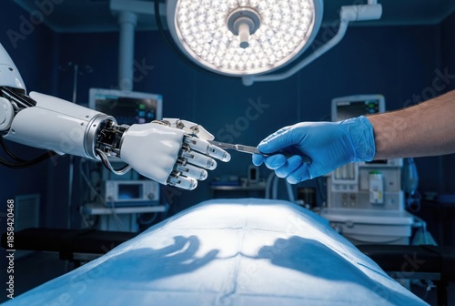 A robotic arm extends to receive a surgical tool from a human hand above a surgical table illuminated by bright overhead lights in a medical setting.