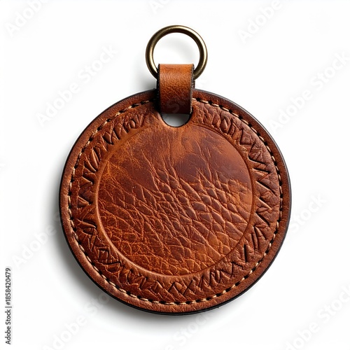 Round, brown leather keychain tag