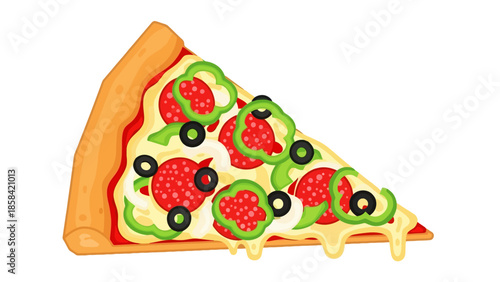 A vibrant illustration of a pizza slice with melting cheese and various toppings
