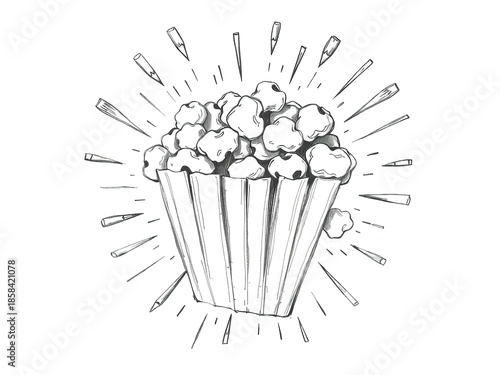 A black and white illustration of a large bucket of popcorn with pencils radiating from it