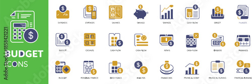 budget icon set solid vector icons collection for expense tracking money management cash flow savings spending income allocation cost estimate financial planning app and web interface.