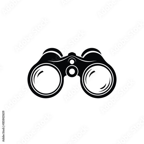 A simple black and white illustration depicts a pair of classic binoculars showcasing their lens design and ergonomic form for focused