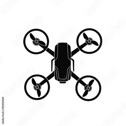 a sleek black quadcopter drone with four visible propellers presented as a minimalist icon emphasizing aerial technology and modern design