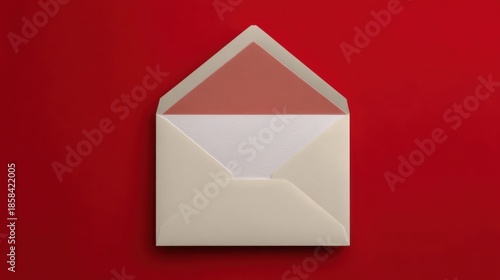 An open envelope rests against a solid red background, containing two pieces of paper one white and intact,