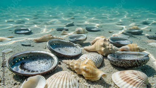 turquoise sea, beautiful colorful shells underfoot macro photography