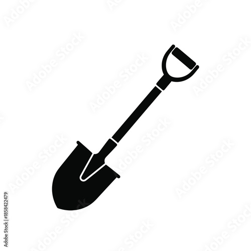 A simple depiction of a black silhouette of a garden shovel angled slightly against a plain white background illustrates a tool