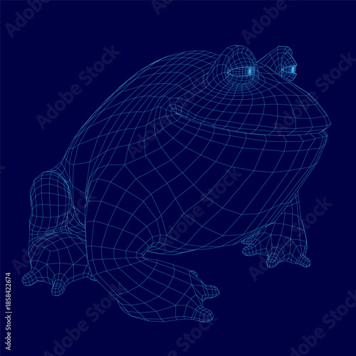 A plump frog 3D model in detailed wireframe style sits on a solid blue background, showcasing realistic digital rendering.