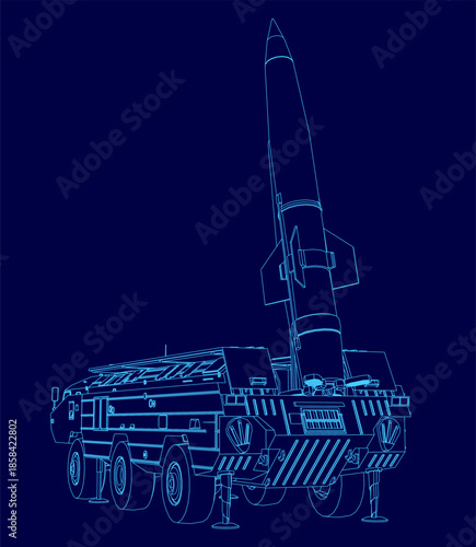 Detailed blueprint of a military missile with a pointed nose and visible tail fins, isolated on a stark blue background for high contrast.